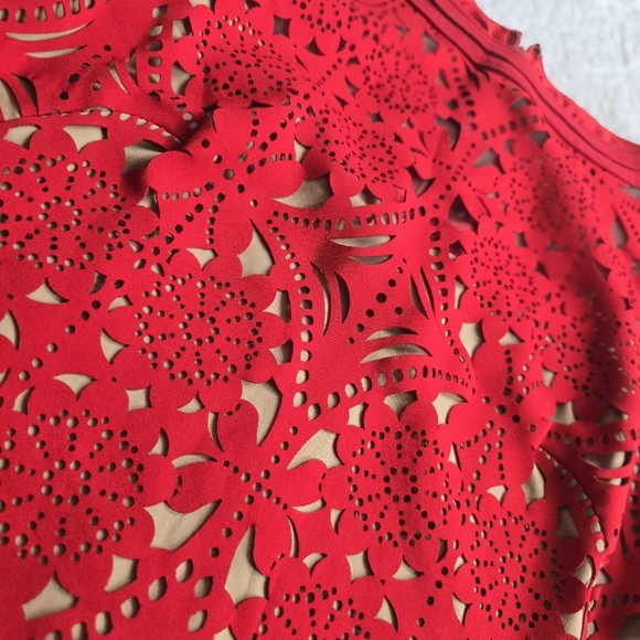 Tadashi Shoji Lasercut Lace Sleeveless Dress - Red Small - Picture 7 of 16